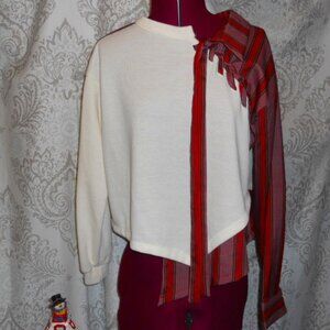 NWT ChongZhi M Cream Sweatshirt Colorful Red Striped Sleeve Asymmetric Hem
